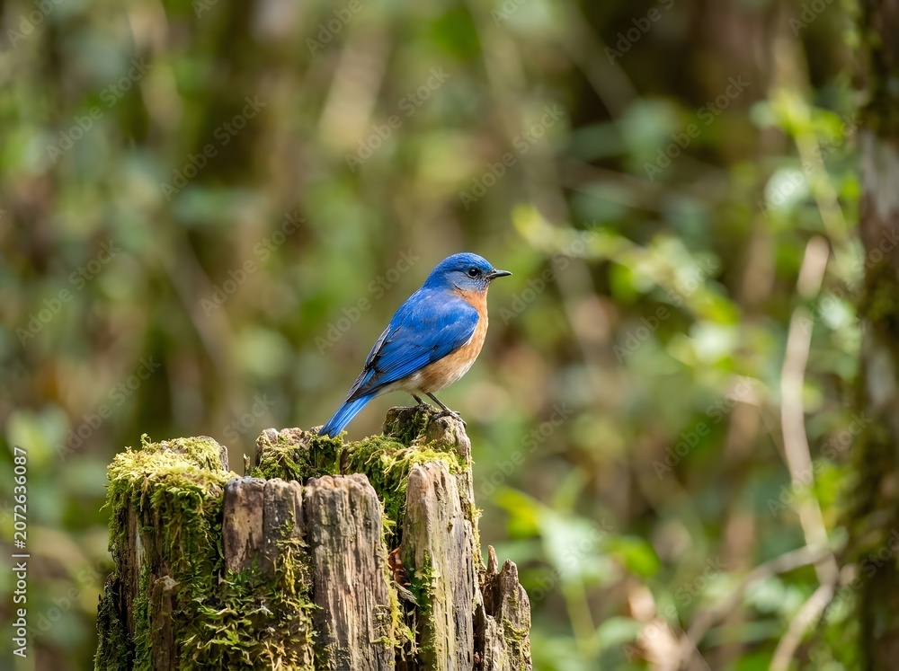 Obraz premium Blue Songbird Perched on Weathered Stump Closeup in Soft Natural Woodland Light