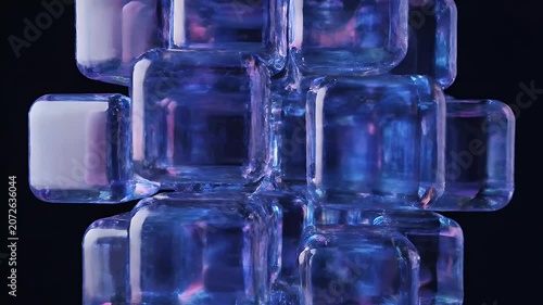 Abstract Blue Glass Cubes Forming a Dynamic Geometric Structure on a Dark Background.