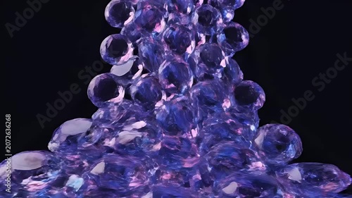 Falling Purple Diamonds Creating a Sparkling Pile on a Black Background.