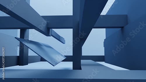 Abstract Blue Geometric Structure with Floating Panels in a Minimalist Environment.