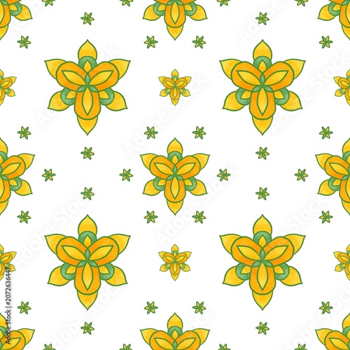 Vibrant yellow and green blossom repeating backdrop, elegant symmetrical tile pattern for wallpaper