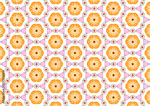 Vibrant floral star mandala repeating backdrop, elegant symmetrical ethnic pattern for wallpaper