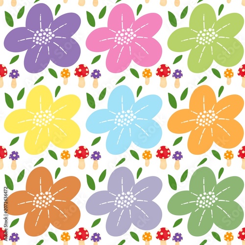 Cute colorful flower and mushroom seamless pattern, vibrant cartoon floral background vector for kids