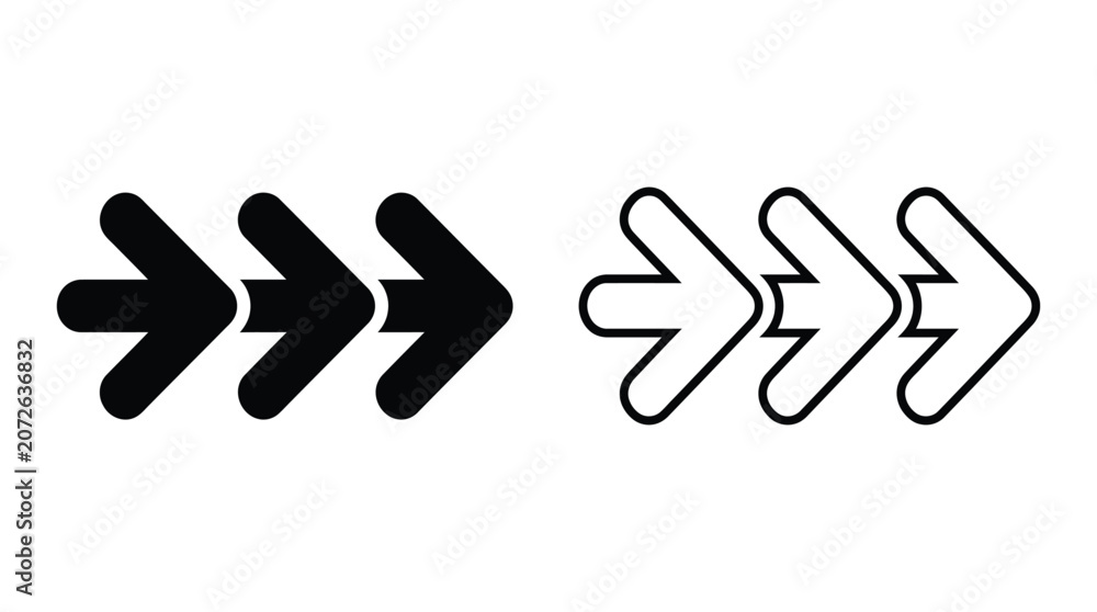 Fototapeta premium Three Right pointing Arrow Symbols In Black And White Silhouette