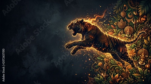 Pulikali, powerful tiger silhouette emerging from jungle-inspired textures with glowing particles and cultural motifs