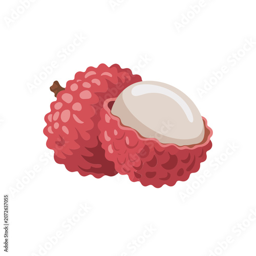 Schilderij op canvas Two fresh lychee fruits with one peeled showing white flesh and red bumpy skin i
