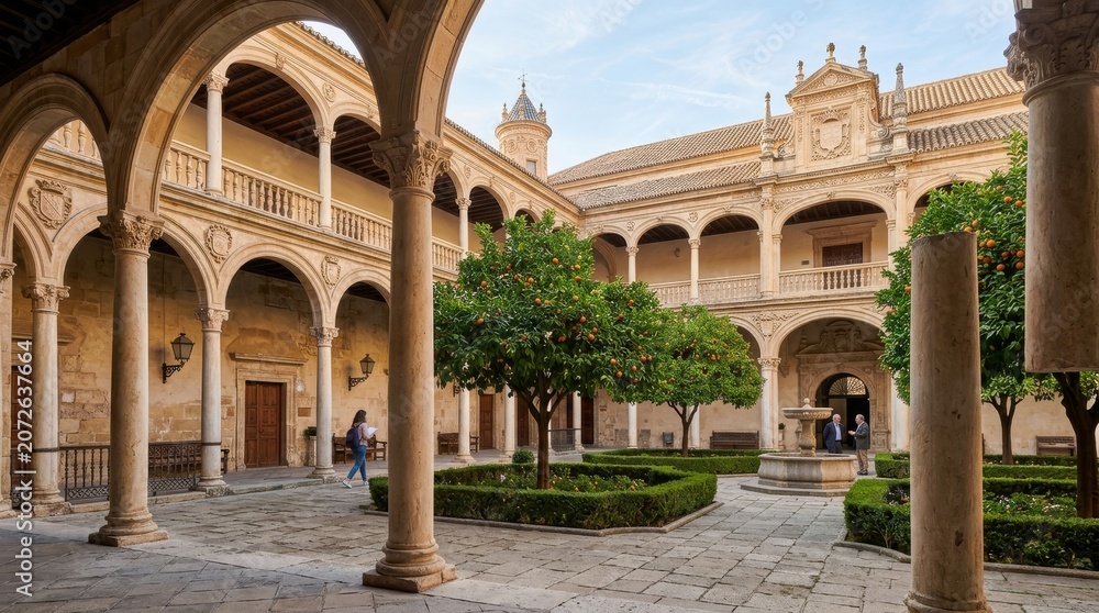 Obraz premium Historic University Courtyard with Arches and Trees