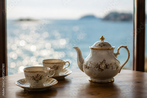 Elegant White Teapot and Two Cups on a Soft Seaside Bokeh Background