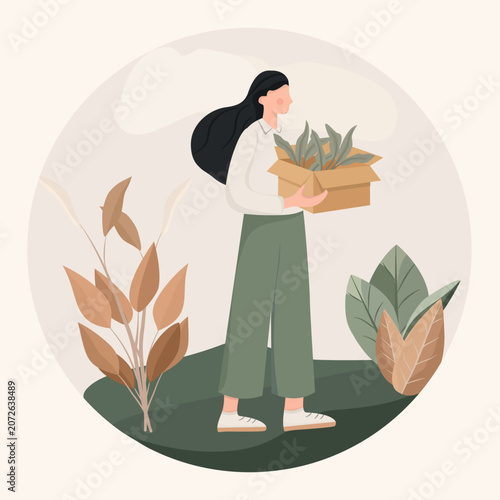 Caring woman carrying a cardboard box full of green plant sprouts for gardening. Environmental protection, carbon offset tree planting activity, and sustainable ecology vector illustration.
