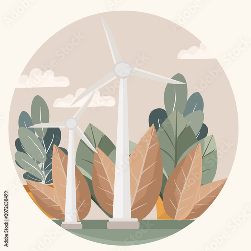Wind turbines generating clean renewable energy surrounded by green forest. Sustainable power technology, alternative resources, and climate change solutions flat vector illustration.