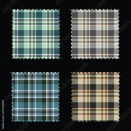 Set of four seamless plaid pattern swatches on a black background. Collection of traditional checkered tartan vector graphics in green, grey, blue, and beige for textile design and fashion.