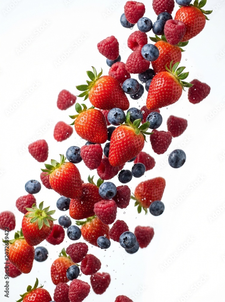 Obraz premium Fresh Mixed Berries Flying and Falling Motion on White Background