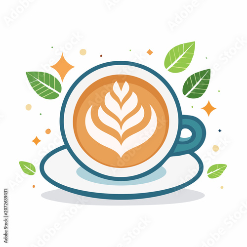 Latte Art Coffee Cup with Leaves and Sparkles
