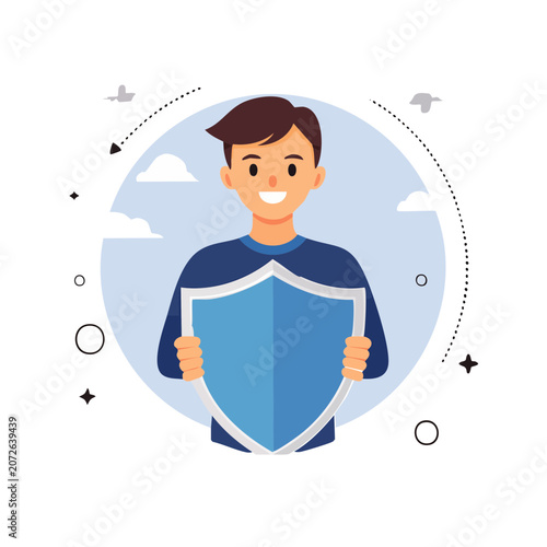 Man holding blue shield in flat illustration style