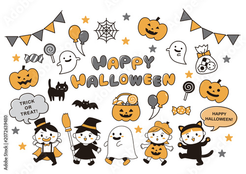 仮装する子どもたちとハロウィンのイラスト素材セット 2色