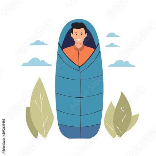 Man in sleeping bag camping illustration