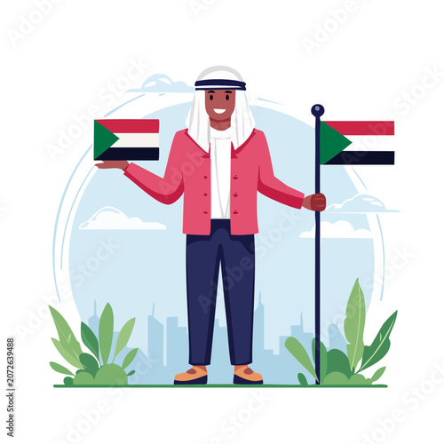 Man in traditional clothing holding national flags