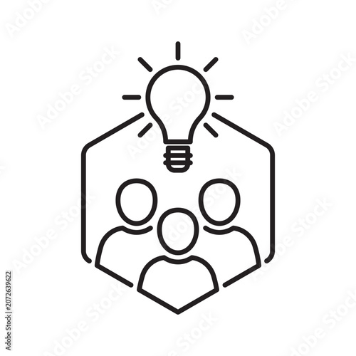 thin line insight icon with group of people and black bulb. outline flat trend modern logo graphic stroke art design isolated on white. concept of scholars or scientists and students or genius