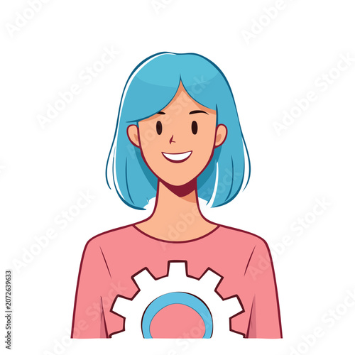 Smiling woman with gear icon on pink shirt vector illustration