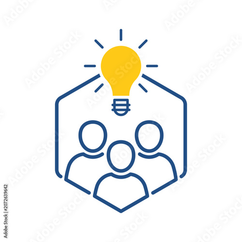 linear abstract people icon with bright light bulb. flat stroke trend modern simple thin line unity logotype graphic design web element isolated on white. concept of share thinking idea in society