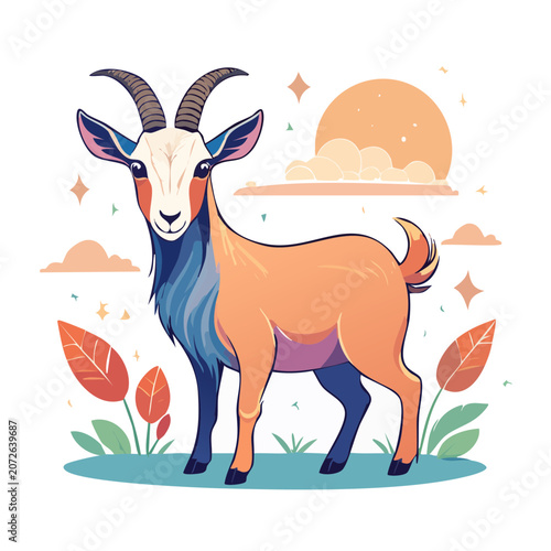 Stylized illustration of a goat with horns and colorful fur