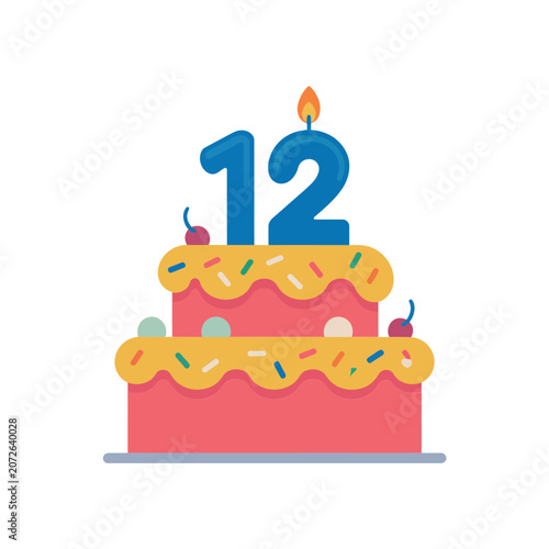 Принти на полотні Two tier birthday cake with blue number twelve candle and sprinkles for a twelft