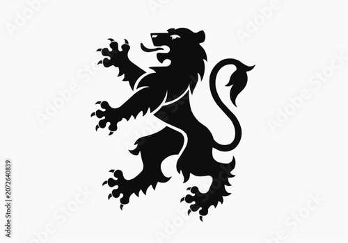 Heraldic lion rampant black silhouette vector icon isolated on white background, coat of arms lion symbol
