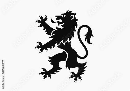 Heraldic lion rampant black silhouette vector icon isolated on white background, coat of arms lion symbol