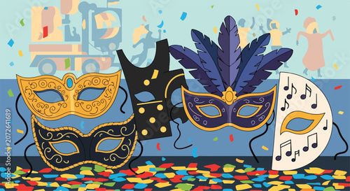 A vibrant scene featuring ornate masquerade masks