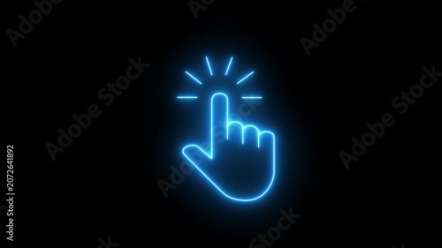 Glowing neon hand mouse cursor icon on black background. hand cursor with click and accent.Mouse pointer hand click icon.Technology interface animation.