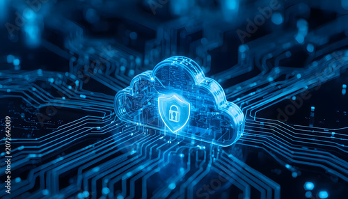 Cyber security concept, secure cloud protected by glowing shield surrounded by digital connections, cloud computing security, realistic 3D illustration, commercial stock image