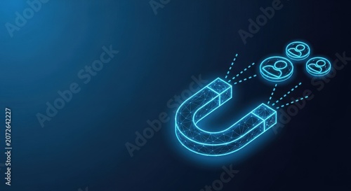 Neon blue horseshoe magnet attracts glowing particles representing magnetic force and attraction in a digital abstract space.