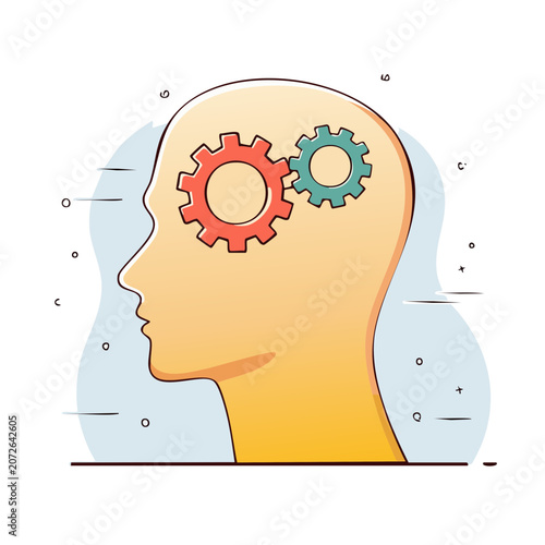 Human head profile with gears inside, flat vector illustration