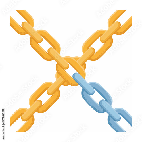 Interlocking gold and blue chain links on white background