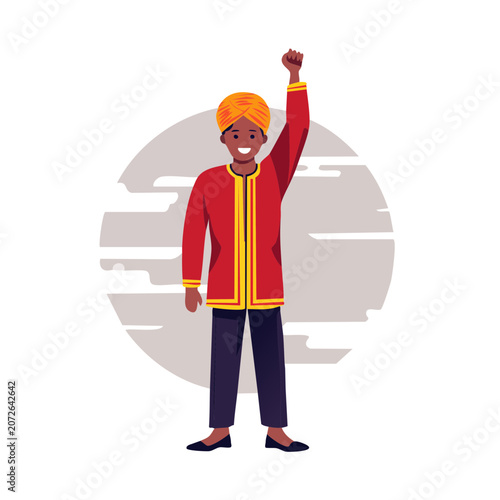 Man in traditional clothing raising fist, flat vector illustration