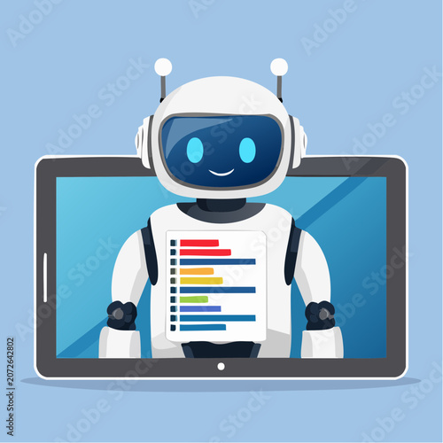 Robot on tablet screen displaying code and data