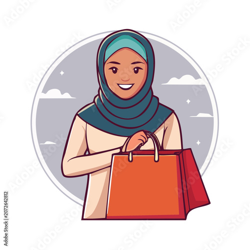 Woman in hijab holding shopping bags illustration