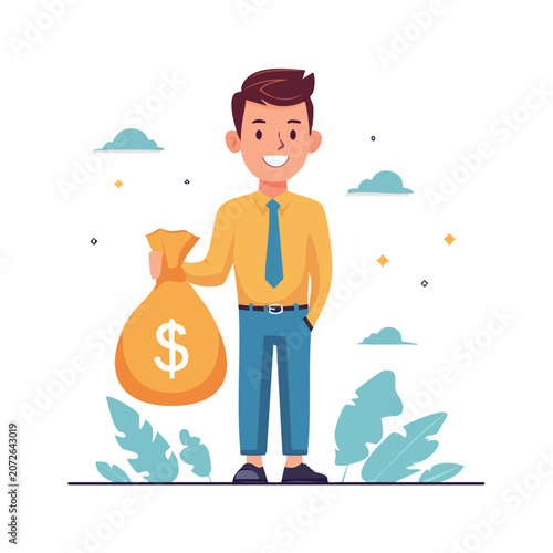 Cartoon man holding money bag, flat vector illustration