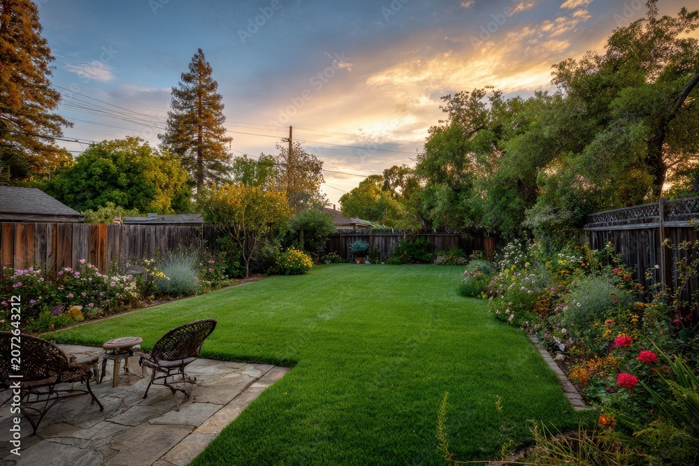 Obraz premium Golden hour backyard: lush lawn bathed in sunset light with blooming borders and cozy seating