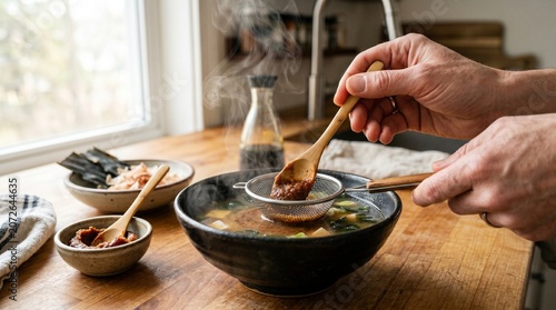 Person Preparing Traditional Japanese Miso Soup with Fresh Ingredients and Wooden Utensils in a Bright Kitchen Setting
