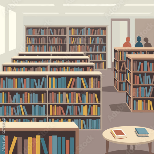 Foto A library with rows of bookshelves and a table