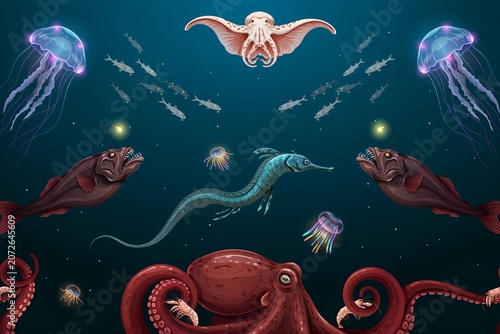 Deep sea marine life featuring an octopus, jellyfish, predatory fish, and various sea creatures in a dark blue ocean environment