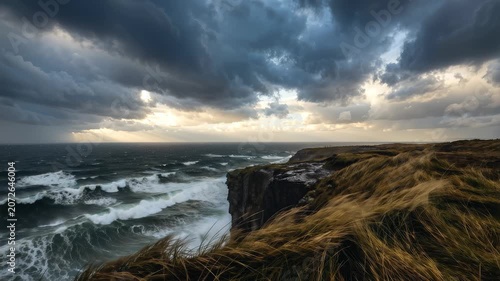 Dramatic Stormy Clouds Over Spiritual Seaside Cliffs. 4K Video