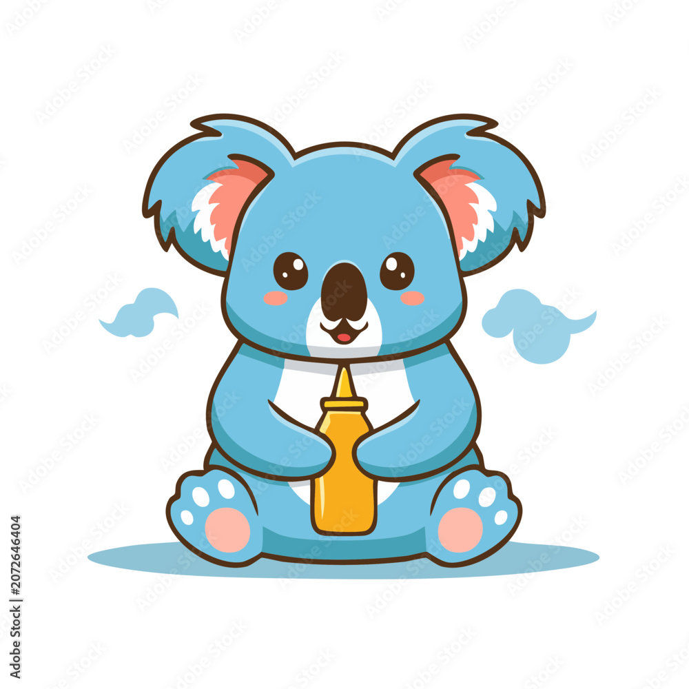 Fototapeta premium Cute cartoon koala holding a baby bottle