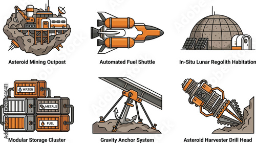 Fotografie Collection of futuristic space exploration and mining icons including asteroid m