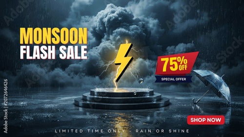 Monsoon flash sale event with lightning bolt and podium lightning promotion