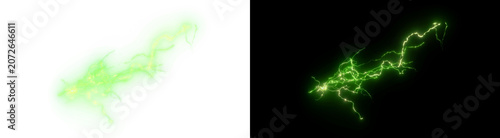 PNG image of Vibrant neon green electrical lightning bolt with intense jagged glowing energy discharge displayed as a striking isolated on transparent background