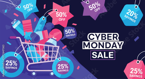 Tableau sur toile A vibrant shopping cart overflowing with gifts and surrounded by discount tags