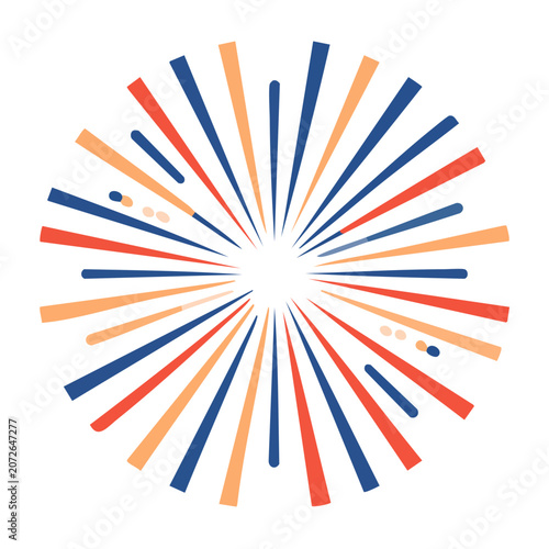 Flat design firework burst with red, blue, and orange lines on white