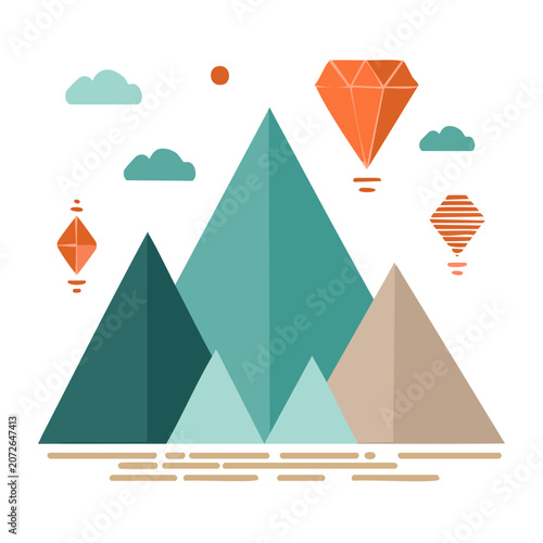 Geometric mountain landscape with clouds and abstract elements